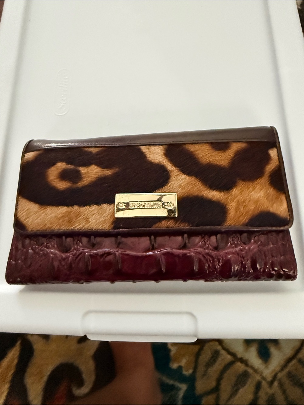 Brahmin Leopard Print with Burgundy Leopard Faux Fur Trim Wallet